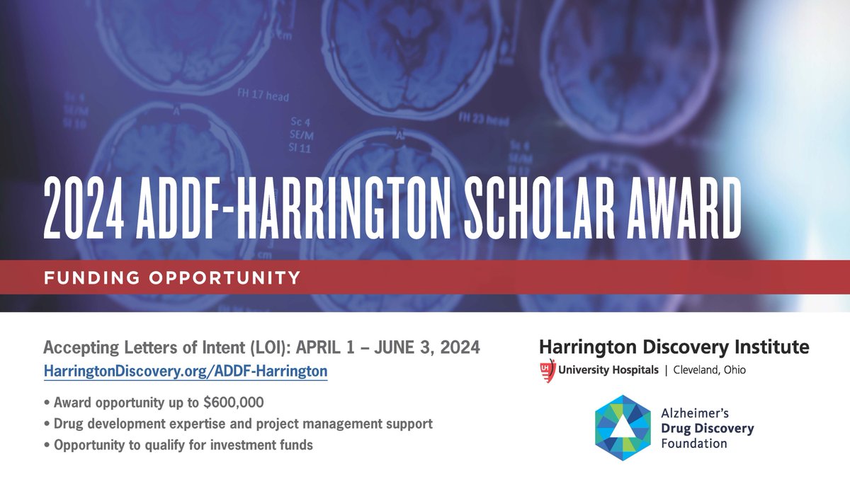 Apply now for the ADDF-Harrington Scholar award and receive up to $600k in funding, drug development support, and expert advice to advance your Alzheimer’s research. Don’t miss this opportunity to make an impact! #Alzheimers #ResearchFunding @TheADDF bit.ly/3PRv9E1