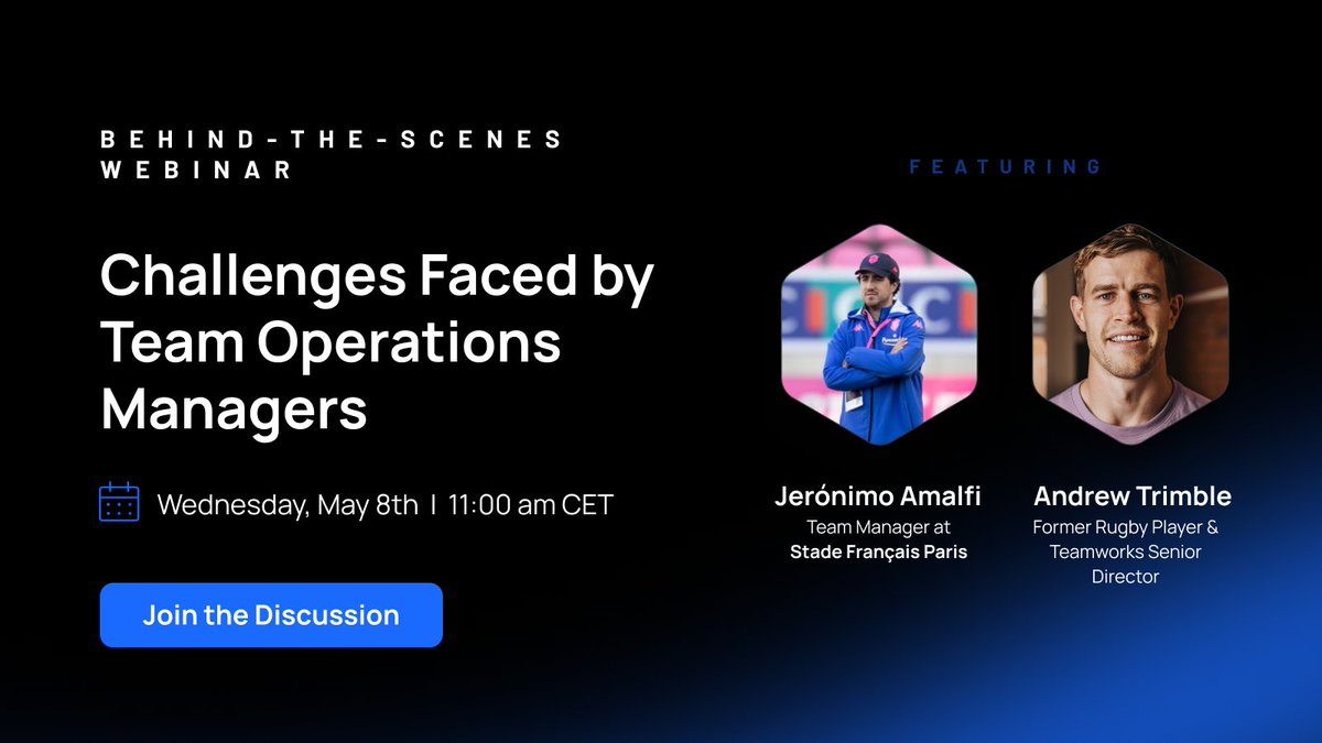 Teamworks (@teamworks) on Twitter photo We're offering you an all-access pass to get an insider's look at how our top-tier rugby partner solves operational challenges.
Join <a href="/SFParisRugby/">Stade Français Paris</a> Team Manager Jeronimo Amalfi and Former Rugby Player and Teamworks Senior Director <a href="/andrew_trimble/">Andrew Trimble</a>.
Register now 👇 We're offering you an all-access pass to get an insider's look at how our top-tier rugby partner solves operational challenges.
Join <a href="/SFParisRugby/">Stade Français Paris</a> Team Manager Jeronimo Amalfi and Former Rugby Player and Teamworks Senior Director <a href="/andrew_trimble/">Andrew Trimble</a>.
Register now 👇