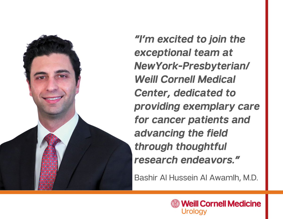 Join us in welcoming Dr. Bashir Al Hussein Al Awamlh (@BashirAlHussein) to @WeillCornell @nyphospital! We are so excited to have you on the team. To learn more about Dr. Al Hussein Al Awamlh and his expertise in the field of urologic oncology, visit bit.ly/4d5bhJl