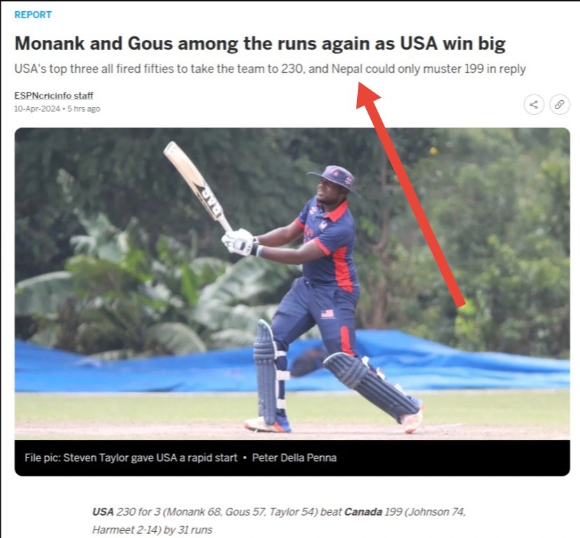 USA beats Canada by 31 runs as *cough cough* Nepal could only muster 199 in reply to USA's 230. On a separate note, I'm very proud of that file photo, taken in Uganda in 2017 when Steven Taylor brought up his 1000th run for USA in 50-over cricket in a no result vs Singapore.