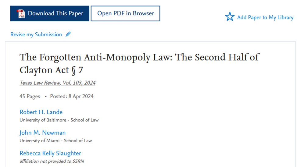 🚨🔥NEW PAPER🔥🚨 Hot off the press by Bob Lande, @RKSlaughterFTC, & I on “The Forgotten Anti-Monopoly Law.” We unearthed a long-dormant law, a potent ban on harmful M&A. I’m biased but it may be the most important #antitrust paper of the year. Short 🧵w/ highlights: (1/x)