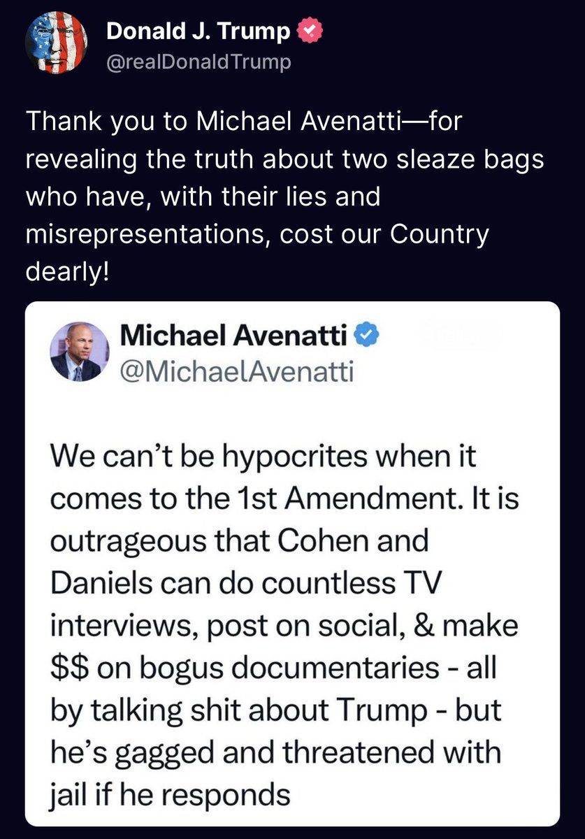 JUST IN: ⚠️ Trump takes to Truth Social and thanks former Stormy Daniels attorney Michael Avanatti for “REVEALING THE TRUTH” about Cohen and Daniels..