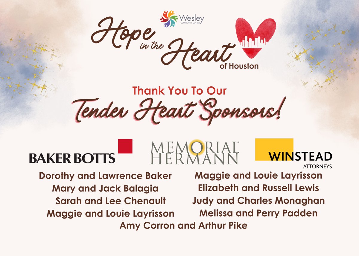 Our Hope in the Heart is only 2 weeks away! We want to thank our amazing Tender Heart Sponsors for their generous support! There is still time to get your tickets/sponsorships, click the link to get yours! wesleyhousehouston.org/event/hope-202… #WesleyEmpowers #HoustonEvents #HoustonNonprofit