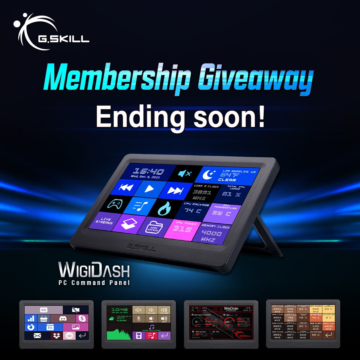 One more week till our WigiDash membership giveaway ends!😎 We're rewarding THREE G.SKILL members with a brand new WigiDash PC Command Panel. Just sign up to be a member and enter on our event page: gskill.com/event?id=17096…