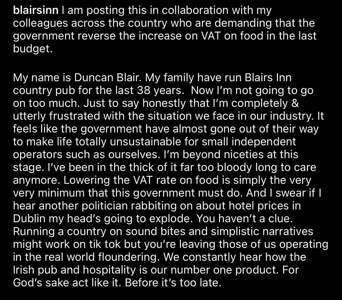 Am sick to death of our governing politicians. All of u betrayed small rural hospitality businesses when u voted the 13.5% vat rate back in. From local councillors to TDs u all voted for it. They’re promising us they’ll talk to us now that we’re mobilising. I don’t believe a word