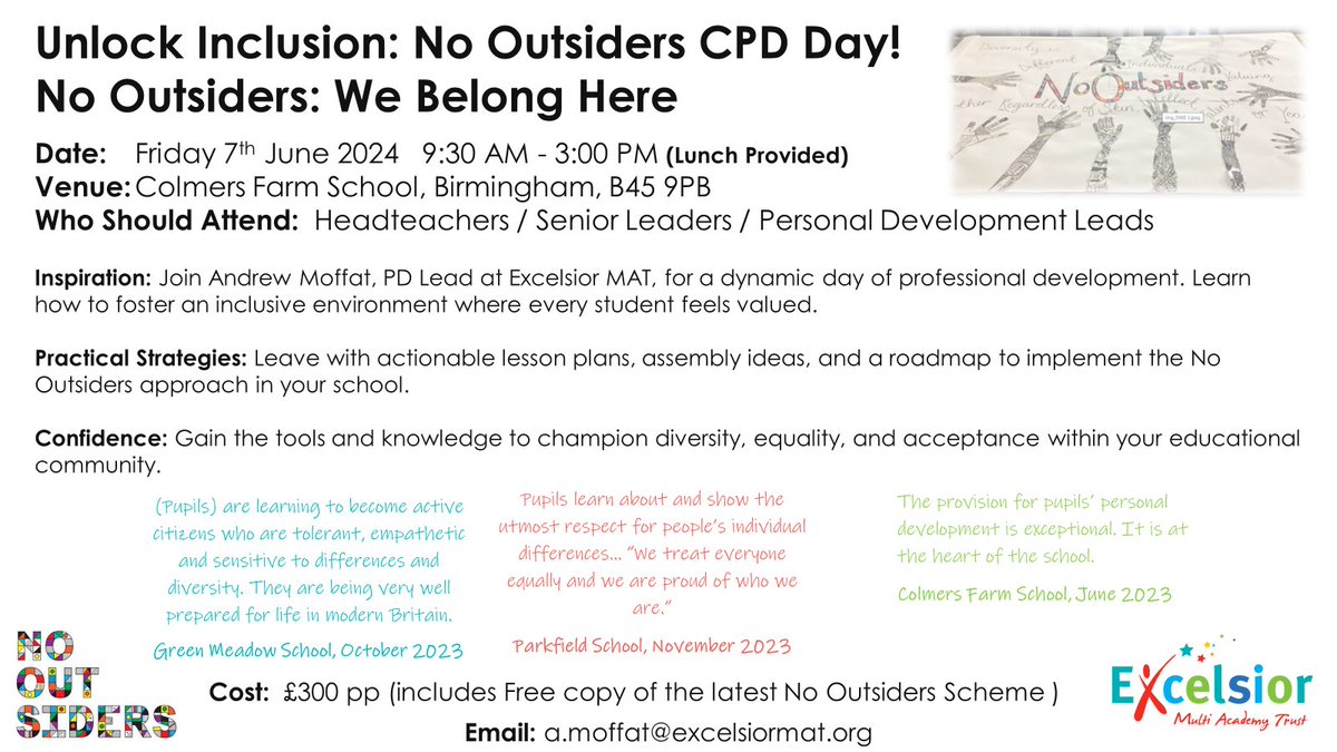 Exciting news! I'm leading No Outsiders CPD in June at @ExcelsiorMAT #nooutsiders #everyonewelcome