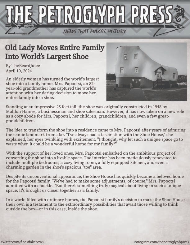 Old Lady Moves Entire Family Into World's Largest Shoe
#thepetroglyphpress #shoeslover #worldslargest #dreamhome #familymove