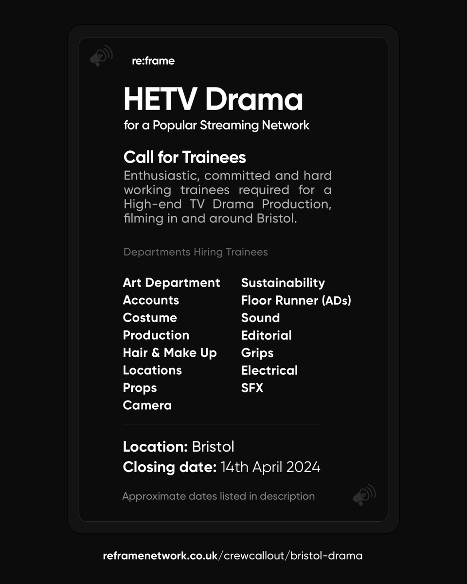 HETV Trainee Callout

LEARN MORE AND APPLY:
reframenetwork.co.uk/crewcallout/br…

Role(s):
Trainees (Multiple Roles Available)

Deadline for Applications:
Sunday 14th April
