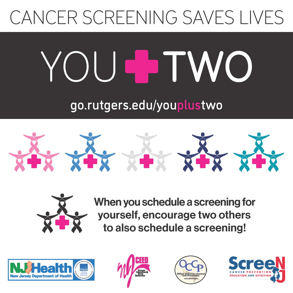 When you schedule a screening, ask two others to schedule theirs! The New Jersey Cancer Education and Early Detection (NJCEED) program provides free comprehensive breast, cervical, prostate, and colorectal cancer screening, health education, and outreach. screennj.org/you-two/