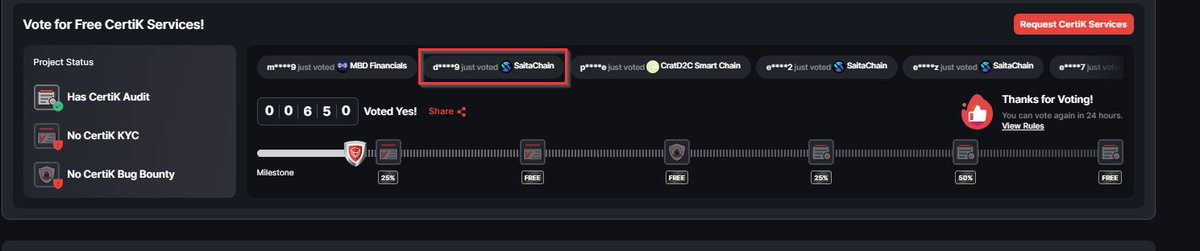 651🎯 📷#Vote4SaitaChain on

@CertiK
📷EVERY 24H📷
@SaitaChainCoin

@CertiK audit!!  Lets work together to win the #SaitaChain Team the Bug Bounty for FREE !! 📷📷📷📷 🎯🏆🔥✅

Casted my vote!!
