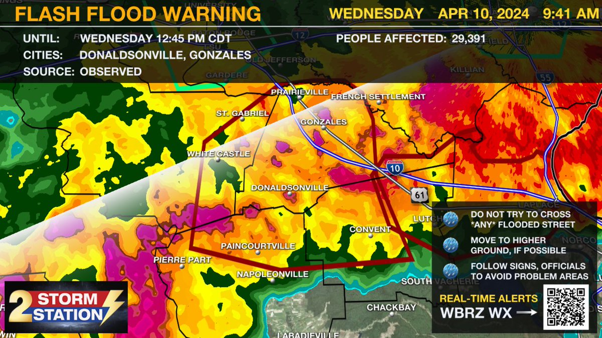 A ***FLASH FLOOD WARNING*** has been issued for Ascension, Iberville, Assumption, Livingston, East Baton Rouge, St. James until 4/10 12:45PM. Roads may be flooded, turn around don't drown! #LAwx Download the WBRZ Weather App: wbrz.com/news/download-…