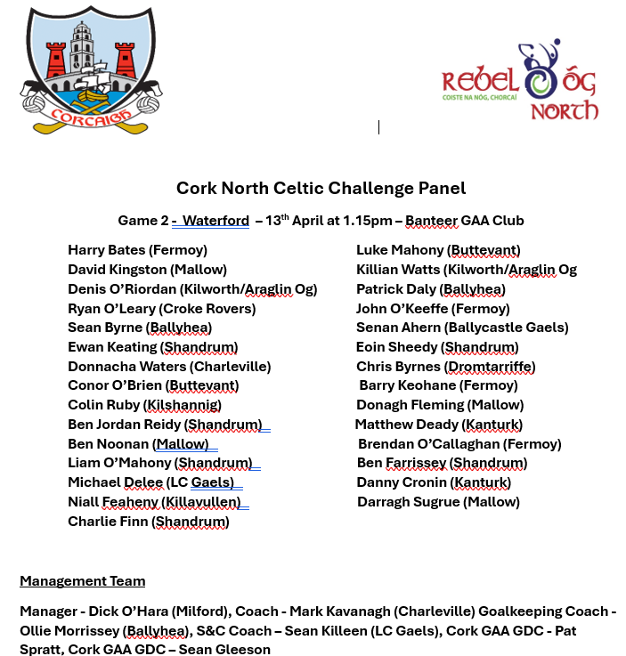 *** Cork North Celtic Challenge Panel *** The North Cork Celtic Challenge Panel has been named for their next game V Waterford on Saturday 13th April at 1.15pm in Banteer. Best of luck to all players and management - Entry to is game is free! @OfficialCorkGAA @AvondhuGAA