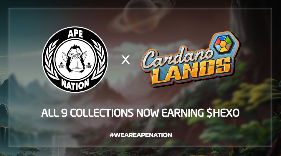 Staking Partner Rewards Update 🥩 Our entire Ape Nation Ecosystem spanning 23k NFTS over 9 Collections can now be staked for $HEXO on CardanoLands! Each assets daily $HEXO earnings can found on our Ape Nation Profile app.cardanolands.com/collection/ape… Congrats to @cardanolands on the…