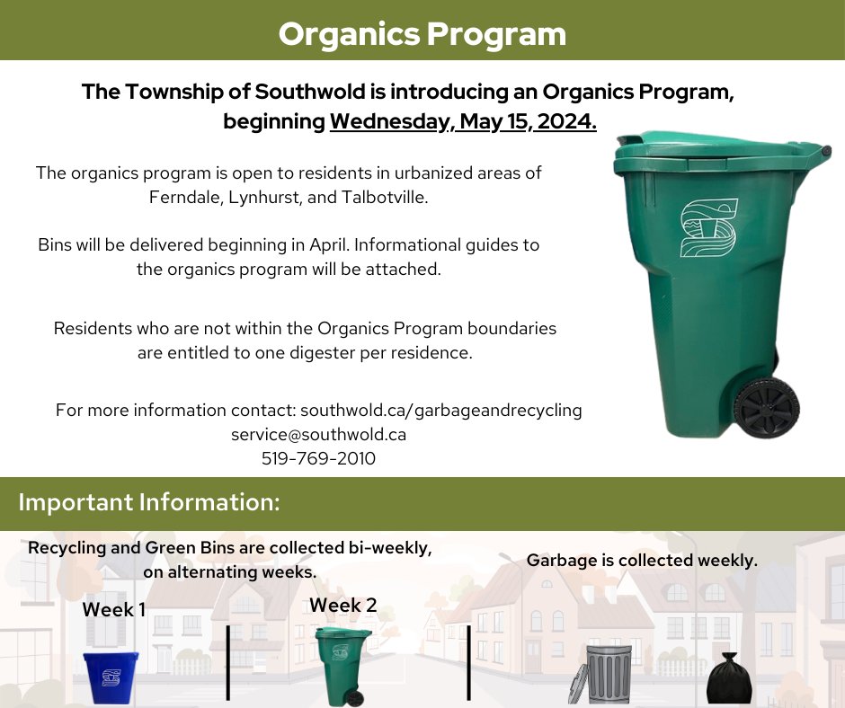 The Township of Southwold will be implementing an Organics Program in Ferndale, Lynhurst, and Talbotville effective Wednesday, May 15, 2024. Green bins delivery has begun this week. For more information: 519-769-2010 or visit southwold.ca/garbageandrecy…….