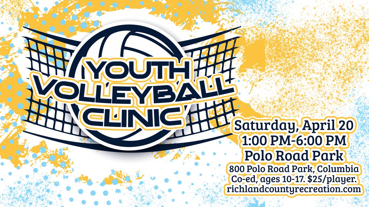 Polo Road Park is hosting a Youth Volleyball Clinic on April 20th, from 1 p.m. to 6 p.m. This fantastic sports event will feature lessons in footwork, serving, and other volleyball basics. Register using the link. scrichlandweb.myvscloud.com/webtrac/web/it… #fun #colasc #sodacitysc #Realcolumbiasc