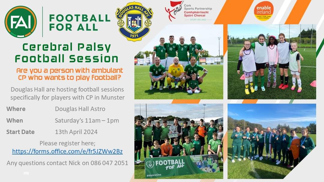 📣🤩 Soccer Opportunity for players with Cerebral Palsy ⚽️ Looking forward to Saturday 🤝 Cork Sports Partnership, FAI & Enable Ireland in collaboration with Douglas Hall AFC have teamed up to create a CP Soccer team for ambulant players! ℹ️ For details: corksports.ie/.../new-ambula…