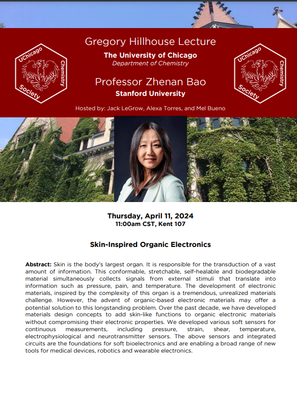 Please join us this Thursday, April 11th as we welcome UChicago alumni and Stanford University Professor Zhenan Bao, who will deliver this year's Gregory Hillhouse Lecture @zhenanbao @UChicagoPSD