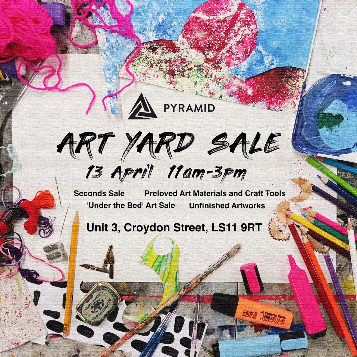 This Saturday, 13 April - @Pyramid_of_Arts Art Yard Sale. Chance to buy preloved art materials, finished and unfinished artworks, and to support Pyramid. It's at Pyramid's studio: Unit 3, Croydon Street, LS11 9RT. From 11am to 3pm.