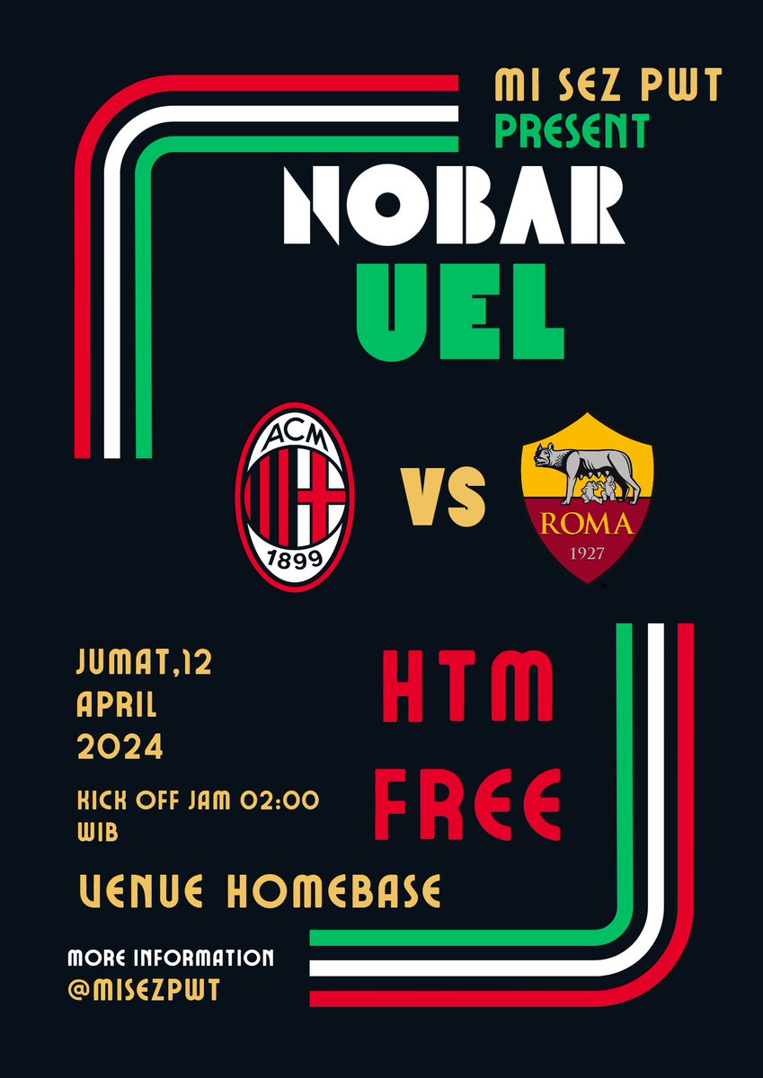 •NOBAR QUARTER FINAL UEL•         

Buat yang mau nobar langsung datang aja ke homebase kami, atau buat yang lagi mudik mumpung di Purwokerto bisa nobar bersama kami. Untuk info lebih lanjut bisa langsung DM saja.