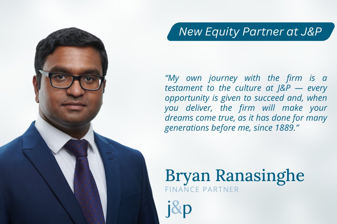 👏 J&P are delighted to announce that our Finance Director, Bryan Ranasinghe, stepped up to become an Equity Partner earlier this month and is now the Firm’s Finance Partner. Congratulations on this milestone, Bryan! 🤜 🤛 #careersuccess #celebratingsuccess #lawfirmgrowth