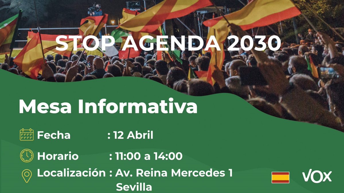 ¡NOS VEMOS EL VIERNES EN REINA MERCEDES!

🔈Mesa informativa contra la Agenda 2030
📆 Viernes 12 de abril
⏰ 11 a 14.00 horas
📍Avenida Reina Mercedes, 1

#VOXSevilla #VOX #sevilla #España #Agenda2030 #StopAgenda2030 #agenda2030criminal #VOXConElCampo #SoloQuedaVOX #AgendaEspaña