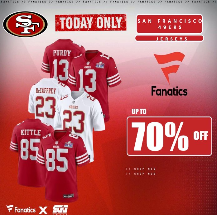 SAN FRANCISCO 49ERS SUPER SALE @Fanatics🏆 49ER FANS‼️Take advantage of Fanatics EXCLUSIVE OFFER and get up to 70% OFF on San Francisco 49ers jerseys using THIS PROMO LINK: fanatics.93n6tx.net/49ersSALE 📈 HURRY! SUPPLIES GOING FAST!🤝