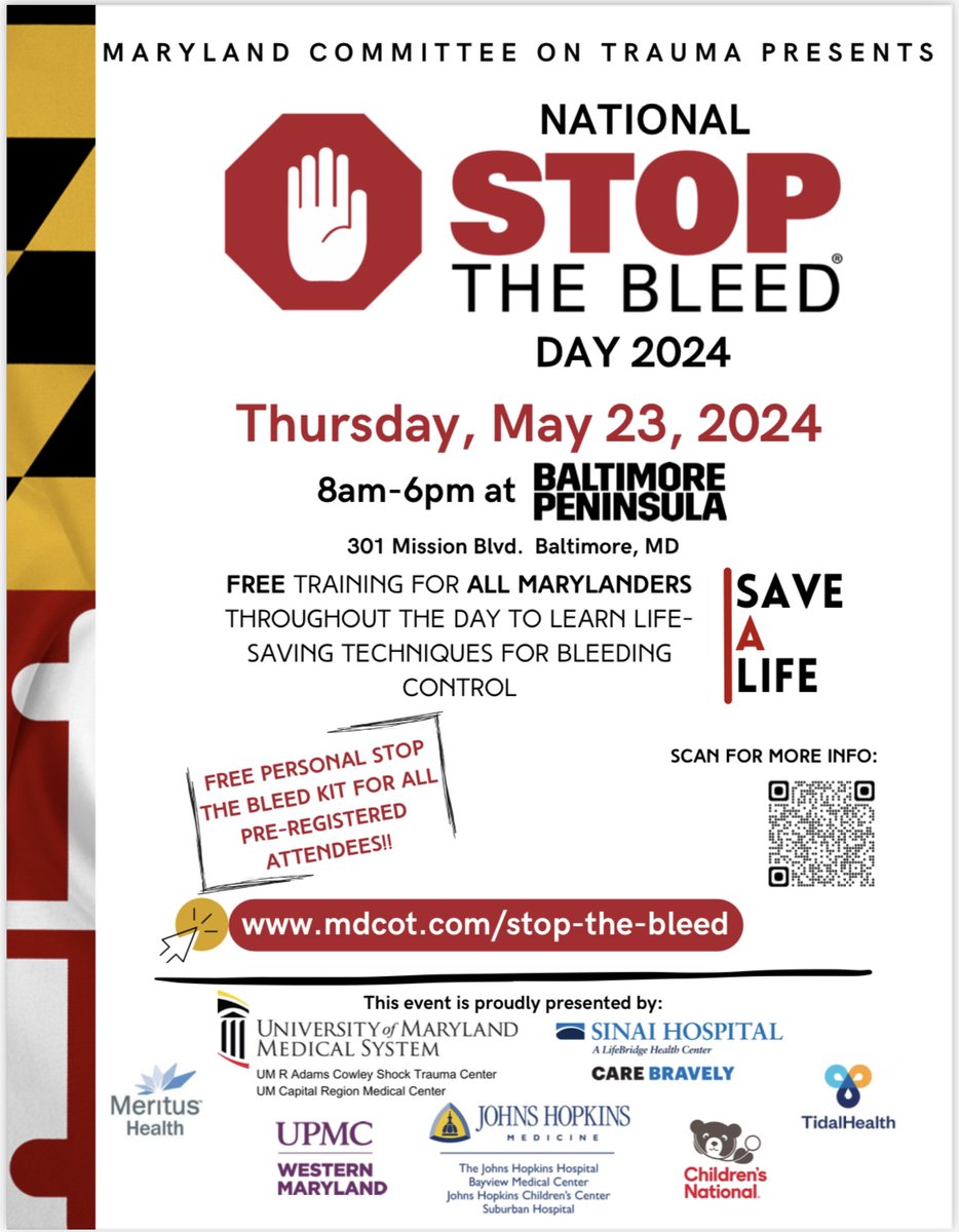 Please join us and @HopkinsKids Trauma Centers as we partner with Maryland Committee on Trauma for a statewide collaboration of FREE stop the bleed training. We hope to see you there. Event details below.