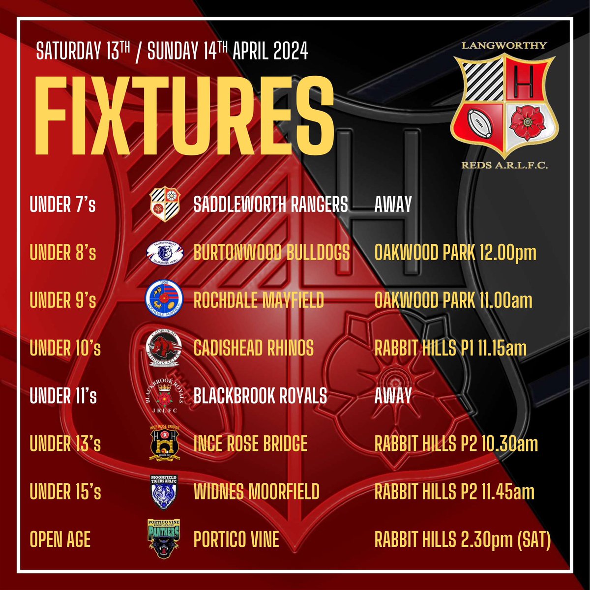 Full house of fixtures this weekend with all teams in action. Plenty of home games to look forward to which, despite the persistent rain lately, all look likely to go ahead. The Open Age game on Saturday, due to be away has been reversed due to a waterlogged pitch at Portico.