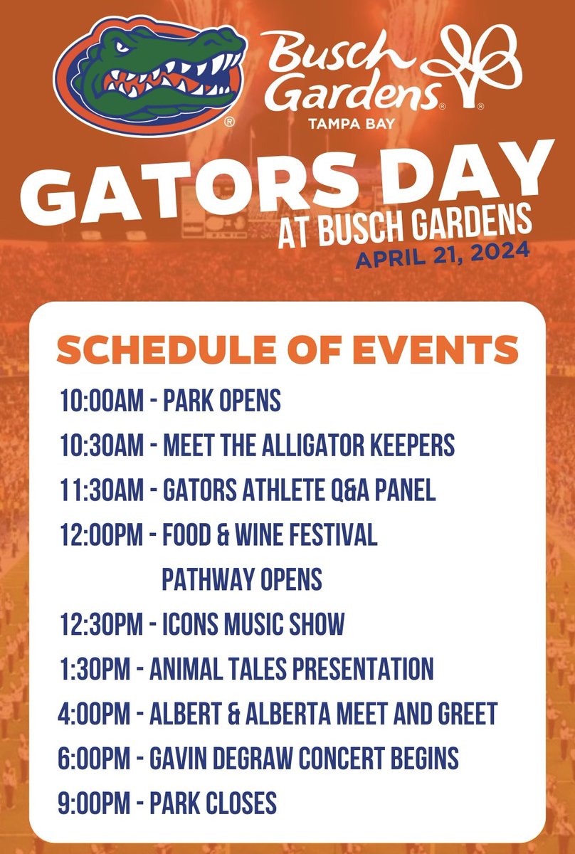 Next Sunday 4/21 is Gators Day at Busch Gardens! Athletes & Coaches from a bunch of different sports will be there, and so will @GavinDeGraw! Food & Wine Festival ✅ Gator Athlete Q&A ✅ Albert & Alberta ✅ Oh, and did I mention Gavin DeGraw?