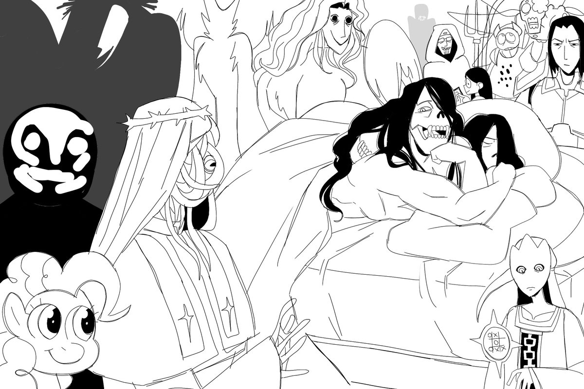 The lineart is finished (those will PURE black characters are gonna be done painterly btw so that's why it looks 'half' finished compared to the others.)

Perhaps done by tonight likely.
