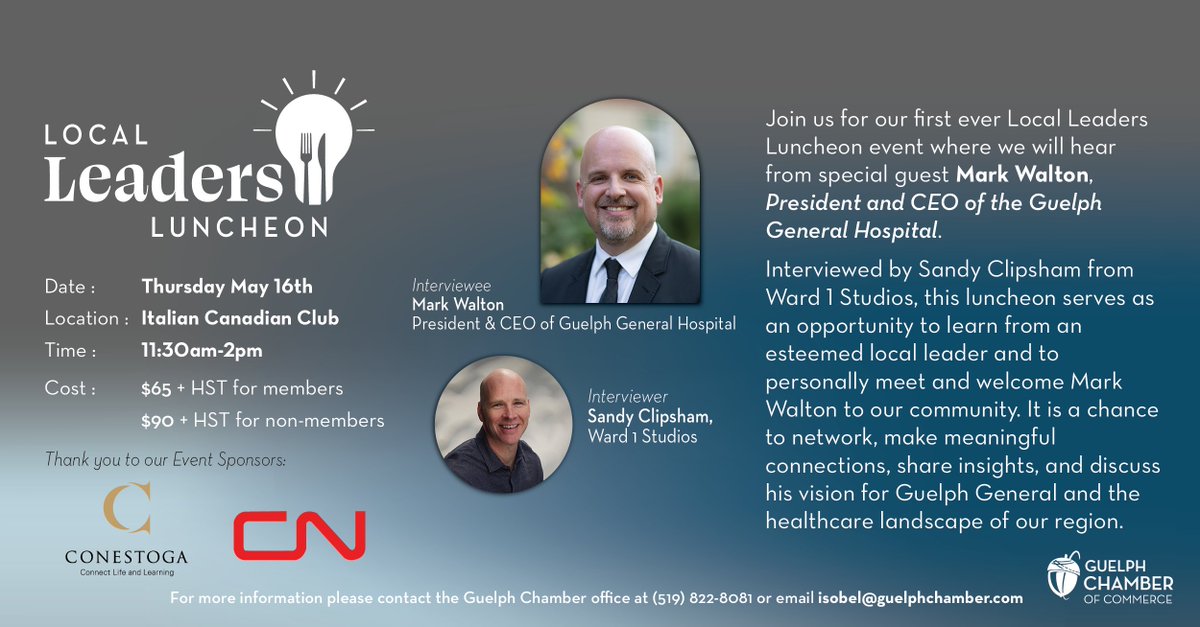 ✨Save your seat for our first ever Local Leaders Luncheon with Mark Walton, President & CEO of @GuelphGeneral Hospital. Join us for an insightful chat about healthcare, community, and leadership.🤝
👉Register now: bit.ly/4auPxVd 
#GuelphLeaders #GuelphNetworking