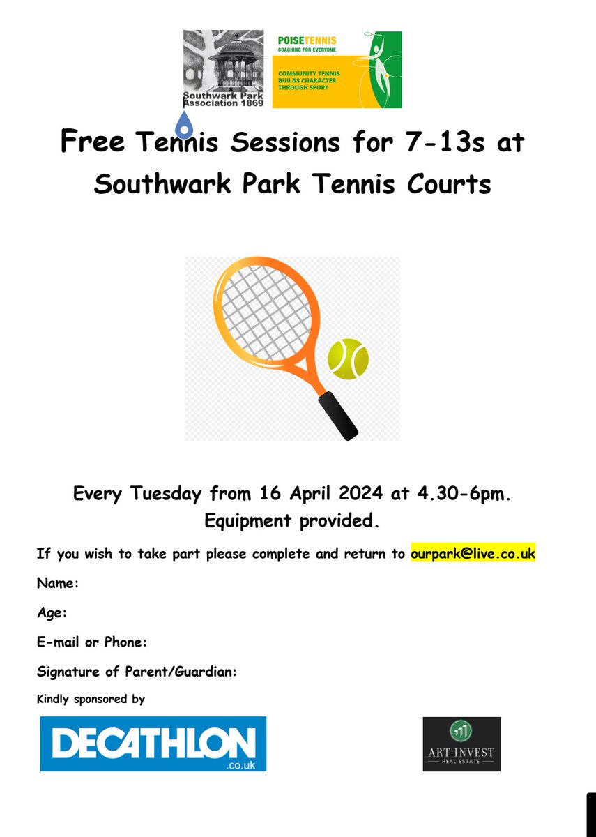 16 April & onwards 4.30-6pm Tennis for 7-13s in #SouthwarkPark Thanks to continuing generous support of Decathlon & Artinvest @OldFriendsSPark are running free #tennis sessions throughout spring & summer Interested parents/guardians please contact ourpark@live.co.uk