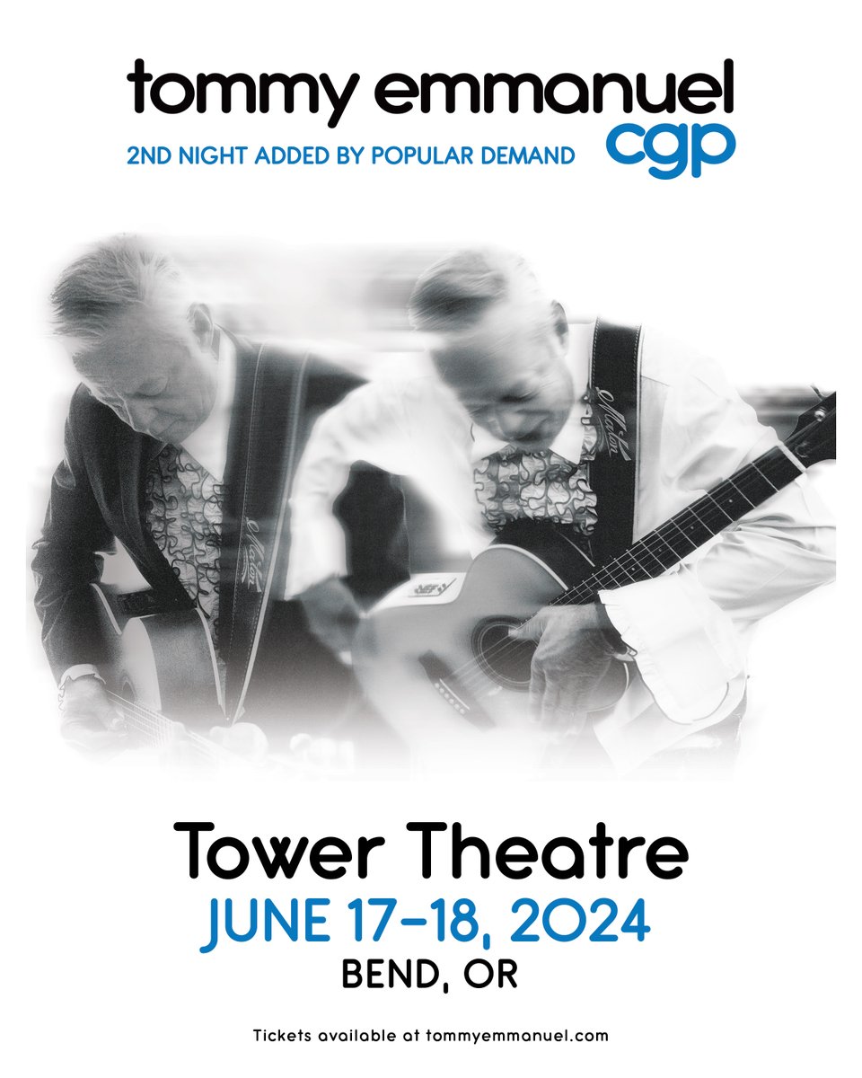Due to popular demand, Tommy Emmanuel has added another show to his stop in Bend, OR at the Tower Theatre. Tickets for his June 17 are on-sale now here: towertheatre.org/event/tommy-em…