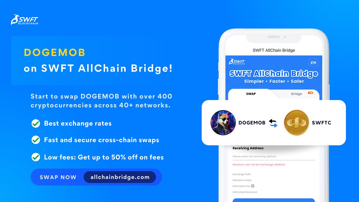 🚨 New Listing 🚨 We are excited to announce that #DOGEMOB from @DogeMobOfficial is listed on SWFT AllChain Bridge! Start swapping or bridging #DOGEMOB with over 400 #crypto assets across multiple chains and experience faster transaction speeds, low fees, and a user-friendly…