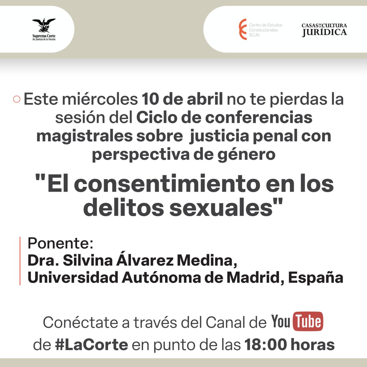 📢Hoy en punto de las 18:00 horas Revive la conferencia magistral del ciclo Justicia Penal con #PerspectivaDeGénero ✅ El consentimiento en los delitos sexuales 🗣 Dra. Silvina Álvarez Medina, Universidad Autónoma de Madrid, España 🎦 Entra aquí 👉🏽 bit.ly/3vWa1qV