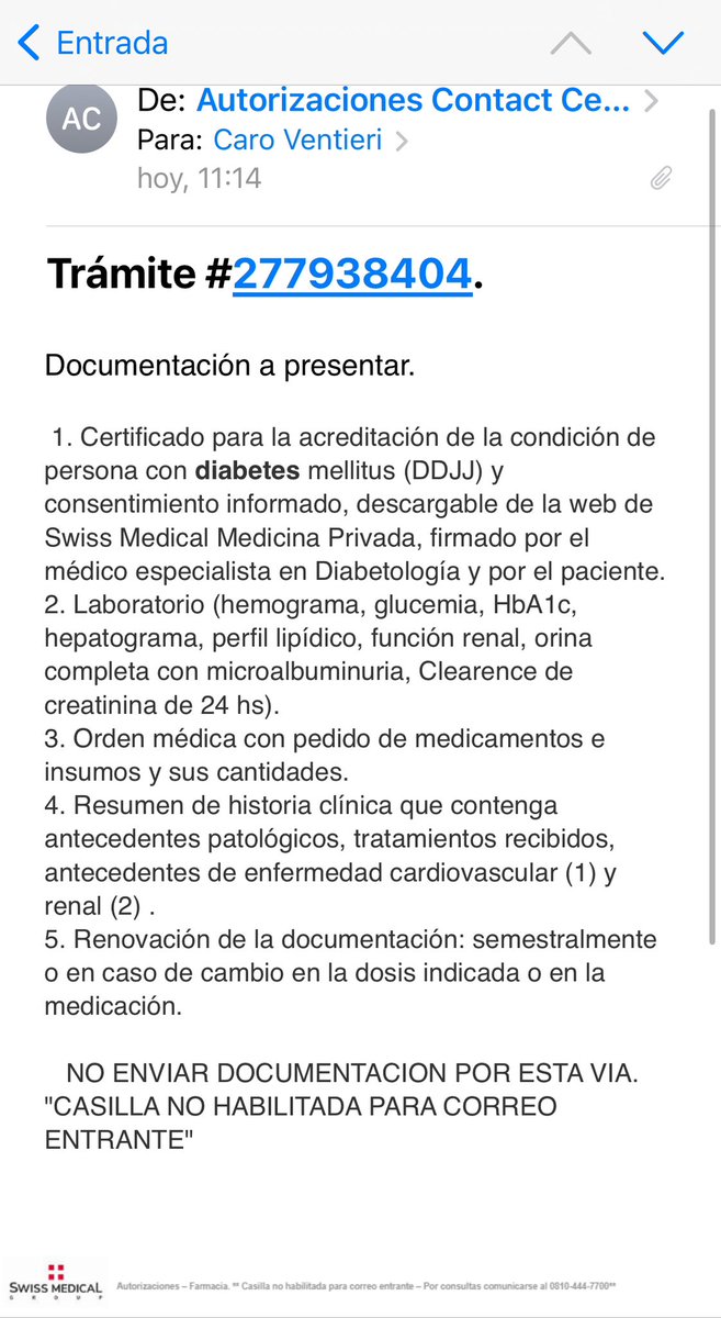 <a href="/SwissMedicalG/">Swiss Medical</a> la condiciones de diabetes tipo1 es crónica!! Solicitar todo el tiempo este tipo de documentación a una niña de 2 años implica exponerla a un montón de procedimientos que en ocasiones no son necesarios. Los papás también estamos agotados de la burocracia.
