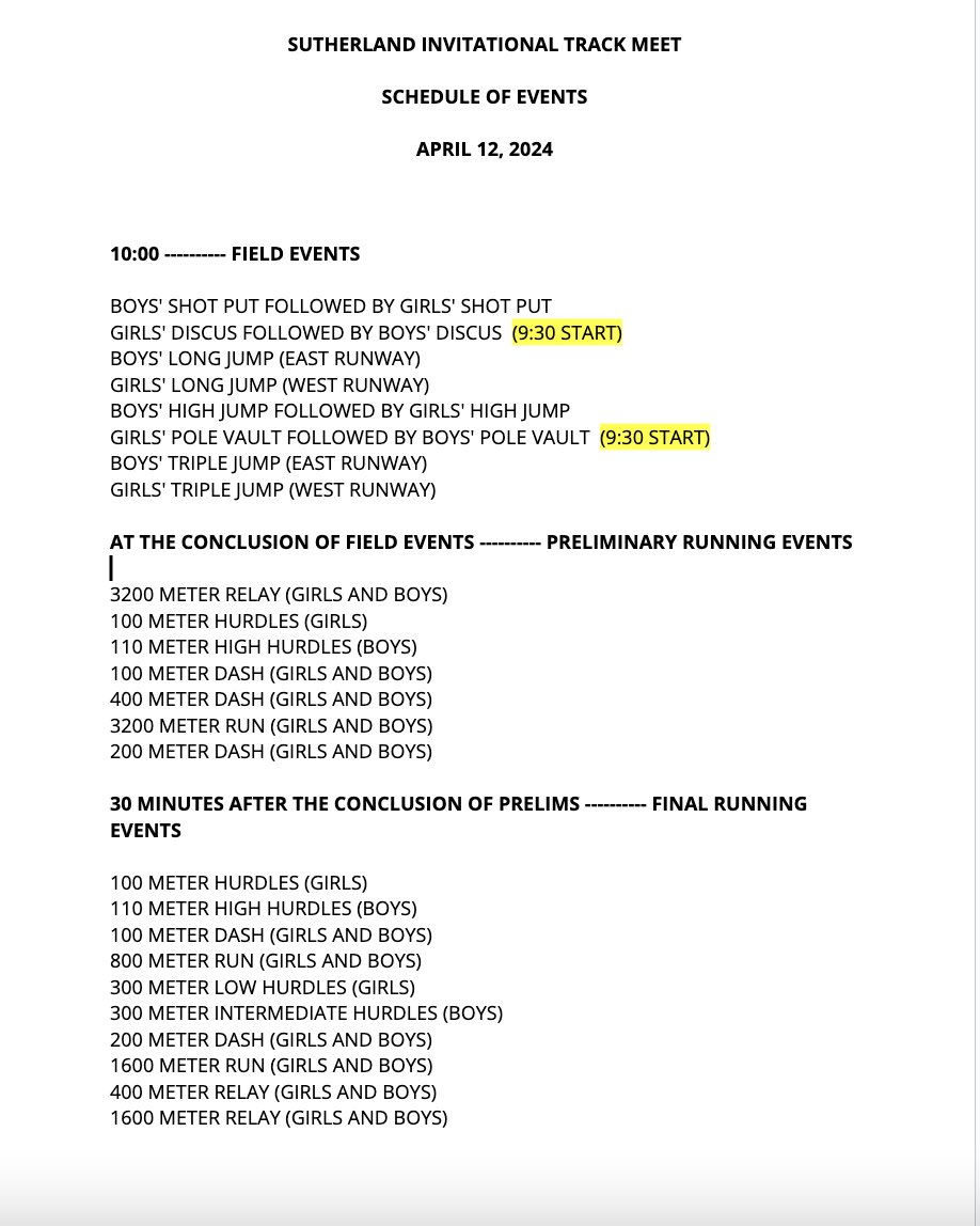 OvertonTrack's tweet photo. Schedule of events for Friday’s meet in Sutherland. Fly Eagles Fly! 🦅⚡️
@OvertonEagles https://t.co/wrDryv9BJF