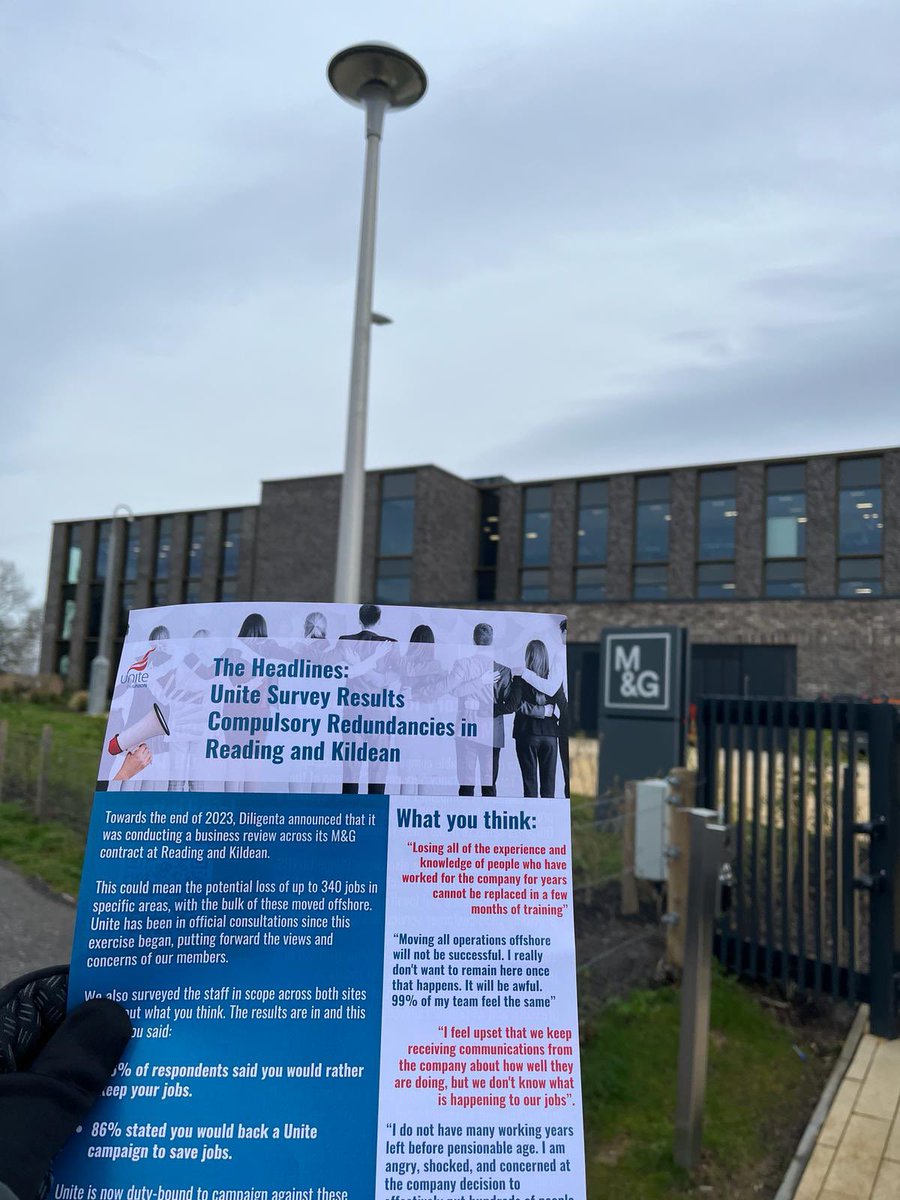 Great reaction to our campaign in #Diligenta #Reading &amp; #Kildean.

86% of staff said they want us to fight to protect jobs - &amp; that’s exactly what we’re doing 👊🏼

We’re demanding zero compulsory redundancies at both sites 🛑

<a href="/TCS/">Tata Consultancy Services</a> <a href="/mandgplc/">M&G plc</a>