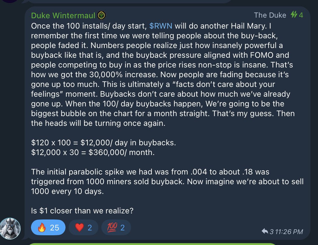 You can never have enough $RWN at these current prices 🟢 They’re talking about a tactic where $RWN is planning to scoop up a bunch of their own tokens from the market. (Buyback program) 🟢 They’re betting that by doing this regularly, they’ll push the token’s price up,