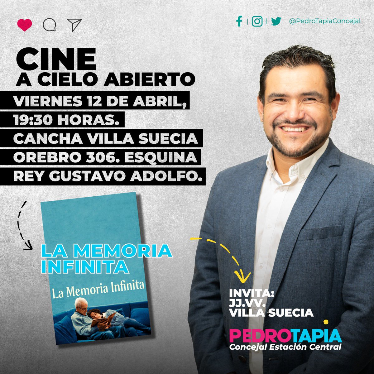 ¡Cine a Cielo Abierto en Estación Central! 🎬 Este viernes 12 de abril, ven a disfrutar del documental #LaMemoriaInfinita en la cancha De la Villa Suecia, Orebro 306, esquina Rey Gustavo Adolfo. 
¡Entrada libre para toda la familia!