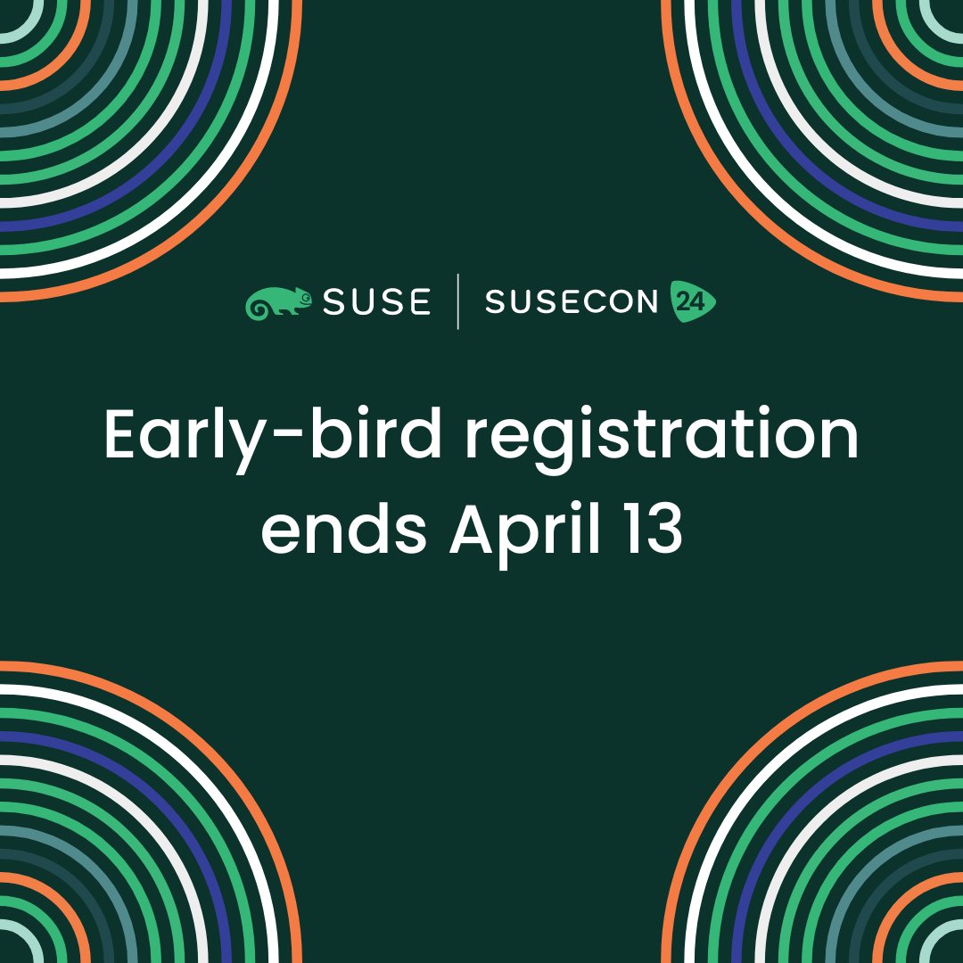 ⏰⏰ Plus que quelques jours pour s'inscrire à #SUSECON2024 au tarif Early Bird ! 
SUSE réunit à #Berlin ses clients, ses partenaires et toute la communauté pour échanger autour des solutions #opensource. Chez SUSE, #ChoiceHappens ! 

S'inscrire 👉 okt.to/IoU6xC