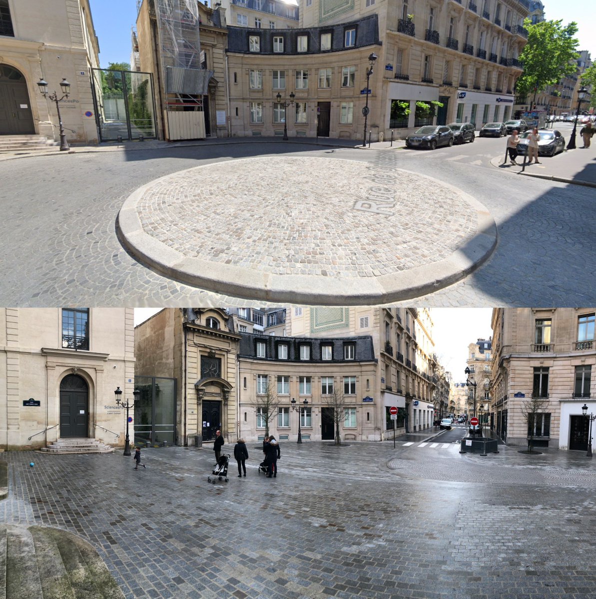 Avant / Après Place Saint-Thomas d'Aquin dans le 7ème arrondissement de Paris. La place est redevenue une place avec le remplacement du rond point par un sens unique en virage se fondant dans les pavés