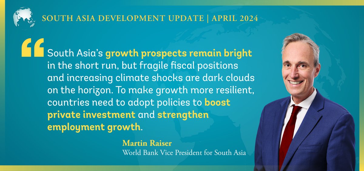 How can countries in #SouthAsia seize their current growth opportunities while striving for long-term sustainable development? Read more in the region's latest development update: @WorldBankSAsia @MartinRaiser #SADU wrld.bg/h5lZ50Rclrp?