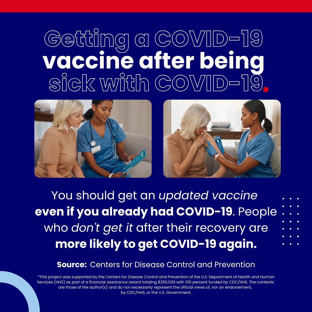 #StopTheSpread | Receiving a COVID-19 vaccine after recovering from a #COVID19 infection provides additional protection against the virus. It's important to stay up-to-date with your vaccines but consider waiting 3 months to get the vaccine to avoid complications. Vaccines Save…