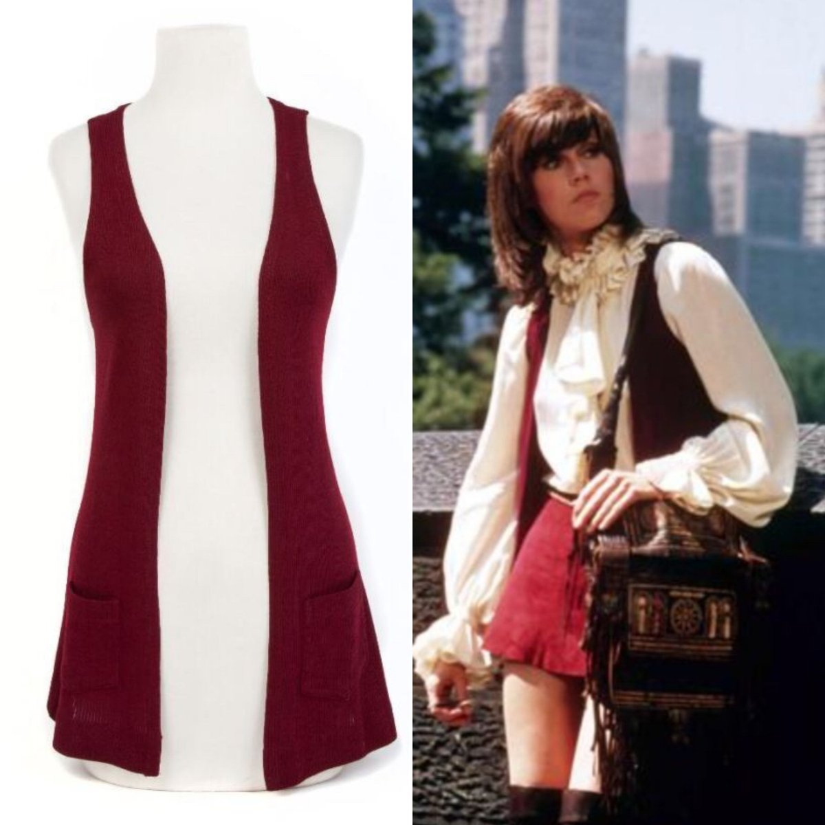 Jane Fonda won the Academy Award for Best Actress #OnThisDay in 1972 for her performance as Bree Daniels in Klute. She wore this Alvin Duskin by Marsha Fox burgundy woolen open-front waistcoat in the film. Sold by Jane via @JuliensAuctions. #film #costume #dress