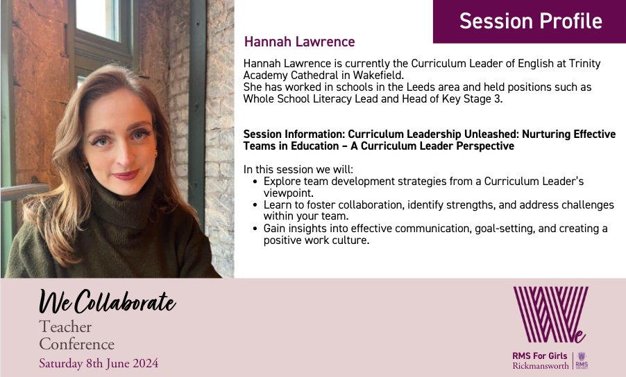 Delighted to have detail on this workshop for #WeCollaborate24 on June 8th (a particular joy for #TeamEnglish). Hannah Lawrence on 'Leadership Unleashed: nurturing effective teams in education - a curriculum leader perspective'. Tickets and more details ➡️ rmsforgirls.com/wecollaborate/