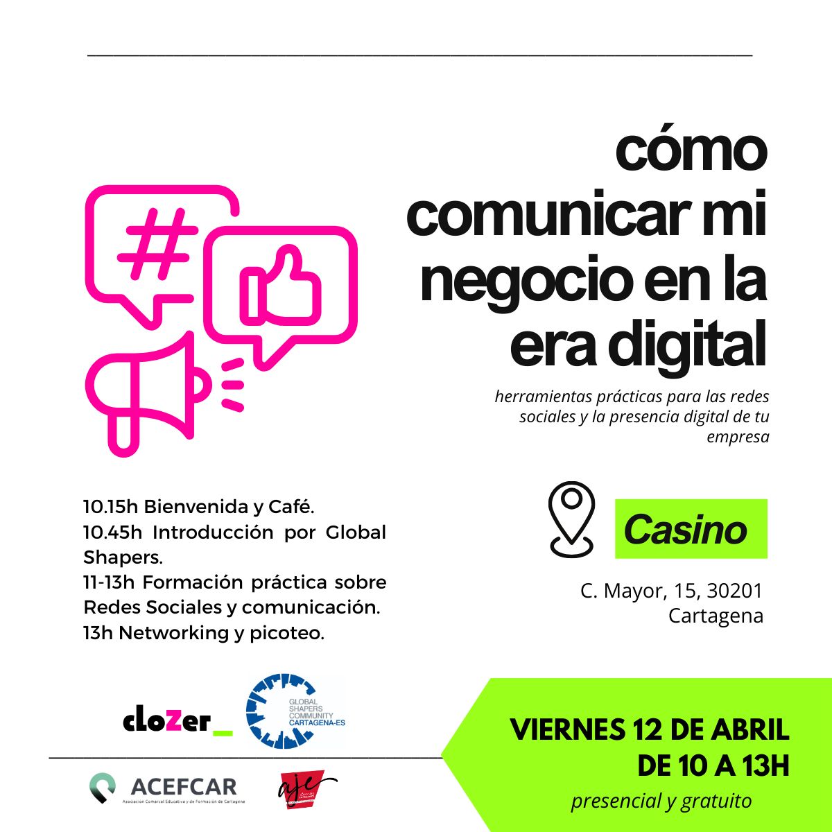 ¿Te interesa saber cómo mantenerte al día en la era digital?📲

🗓️El viernes 12 de abril a las 10:00 de la mañana estaremos en el *Casino* de Cartagena realizando una formación sobre *redes sociales* para tu empresa. 

Apúntate a través de este link tally.so/r/31lOeO