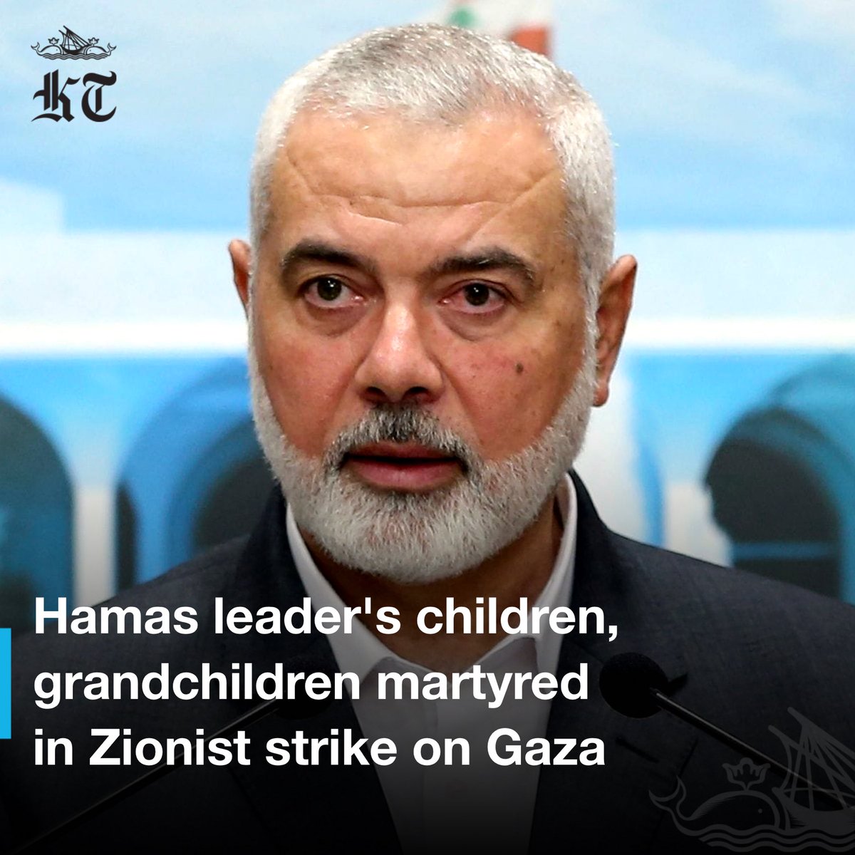 Three of #Hamas leader Ismail Haniyeh's children and a number of his grandchildren were martyred in a Zionist military air strike on #Gaza's Beach refugee camp on Wednesday, Al-Jazeera reported.