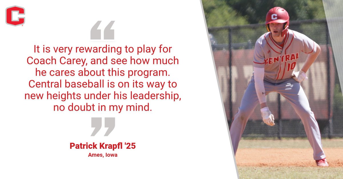 The only way is up for <a href="/DutchBaseball/">Central Baseball</a> according to Patrick Krapfl '25. 

Central Close-up: bit.ly/3VVTmym

#GoDutch #rollriversBSB