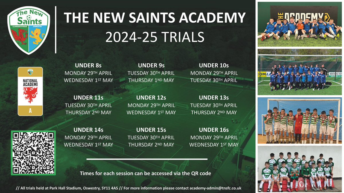 | TNS Academy 2024-25 Trials Want to join The New Saints FC Academy? We’ve got a range of exciting opportunities for talented players at U8-16. Make sure to register on the QR code or link below for all of the information, and to confirm your place!👇🏻⚽️🟢